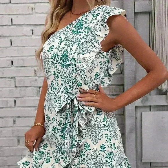Green Boho Women's Floral Print One Shoulder Ruffle Trim Wrap Hem Belted Dress - Picture 6 of 6